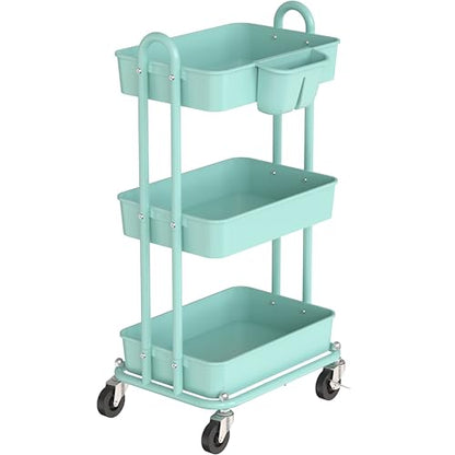 Simple Houseware 3-Tier Rolling Utility Cart with Hanging Bucket, Turquoise - color: Turquoise, size: 3-Tier