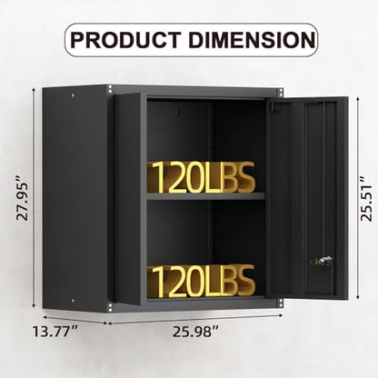 Metal Wall Cabinet, Steel Cabinet Wall Mounted, Lockable Storege Cabinet with Doors and Shelves, Upper Cabinets for Home Office, Pantry, Garage, Black - color: 28"h - Black