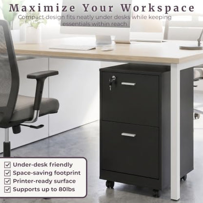 Lavish Home 2-Drawer Wooden File Cabinet with Lock, Black, 16” x 27” - color: Black, style: Silver Hardware