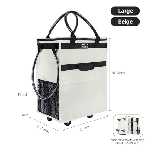 Reusable Grocery Bag with Wheels, Large Beige Rolling Tote - color: Beige, size: Large