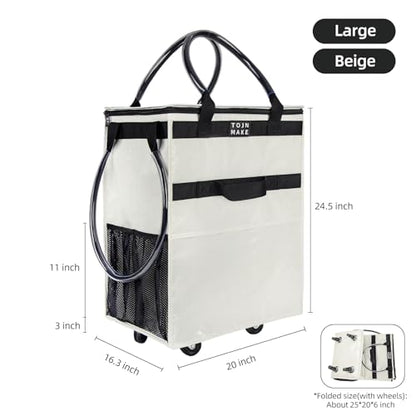 Reusable Grocery Bag with Wheels, Large Beige Rolling Tote - color: Beige, size: Large