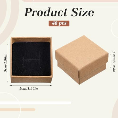 48 Pack Small Jewelry Ring Gift Boxes, 2x2x1.2 Inch Brown Krafts Paper Ring Boxes with Foam Insert, Bulk Square Cardboard Earring Packing Box for Weddings Rings, Necklaces, Business Retail