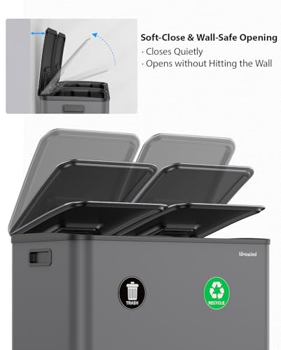 Dual Trash and Recycling Bins for Kitchen, 2×13 Gallon (2× 50L) Stainless Steel Trash and Recycle Bin Combo with Soft-Close Lid, Large Garbage Cans for Kitchen Home with 2 Magnets Sticker, Gray - color: Gray