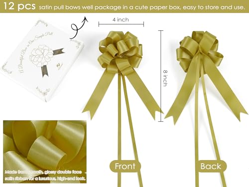 HUIHUANG Gold Christmas Bows for Gift Wrapping 12 PCS Gold Satin Pull Bows - color: Gold, size: 1 Pack (12 bows, 4 in x 8 in)