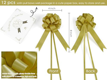 HUIHUANG Gold Christmas Bows for Gift Wrapping 12 PCS Gold Satin Pull Bows - color: Gold, size: 1 Pack (12 bows, 4 in x 8 in)
