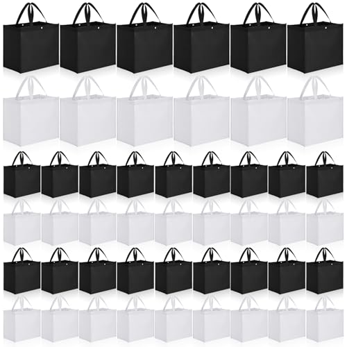 Boao 48 Pack Reusable Grocery Bags 13''L x 9.4''W x 15''H Large Foldable Shopping Tote Bag Non Woven with Handle and Button - color: Black and White