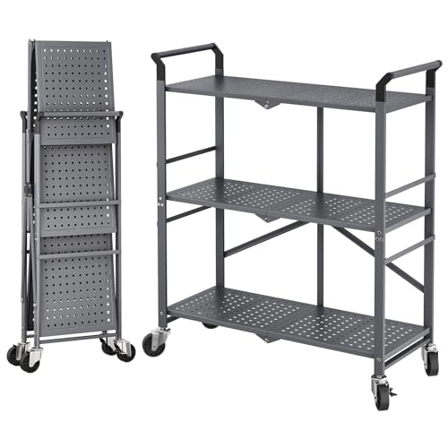 SNTD 3 Tier Rolling Cart, Metal Utility Cart on Wheels, Grey