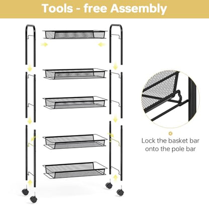 TOOLF 5 Tier Rolling Cart, Metal Utility Storage Cart with Wheels, Black - color: Black, size: 5-Tier