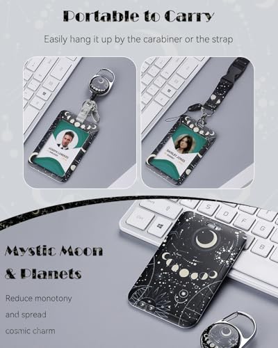 Uniclife Fashionable Sliding Badge Holder, Moon & Planets Plastic Card Holder with Retractable Badge Reel Carabiner & Detachable Lanyard, Vertical Card Protector for Office Worker Teacher Student - color: Moon & Planets