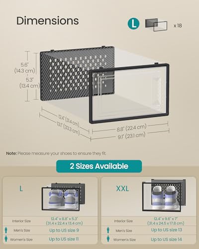 SONGMICS Shoe Boxes, Clear Plastic Sneaker Box, Pack of 18 - color: Transparent + Black, size: L-18pcs