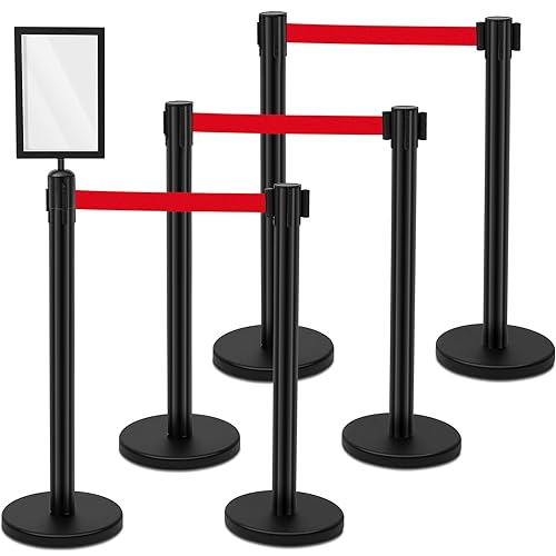 Therwen 6 Pack Heavy Duty Crowd Control Stanchions 9.8 ft Stainless Steel Stanchion Set with Safety Barrier Post Retractable Belt and Sign Holder Crowd Control Barrier(Red Belt, Black) - color: Black, size: Red Belt