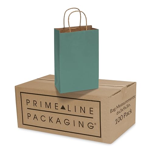 Prime Line Packaging Green Paper Bags, 6x3x9 Inch, Mini Kraft Bags,100 Pack