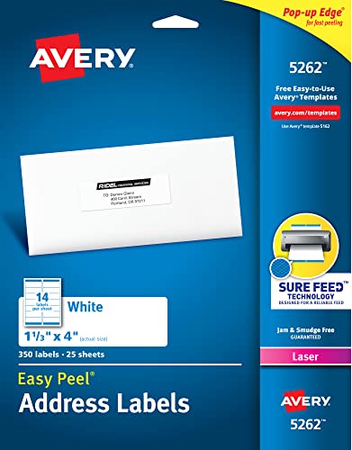 Avery Easy Peel Printable Address Labels with Sure Feed, 1-1/3" x 4", White, 350 Blank Mailing Labels (05262) - size: 1-1/3" x 4", style: 350 labels