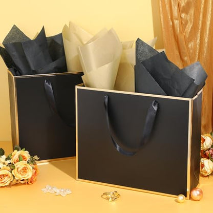 ReliThick 12 Pack Paper Gift Bag with Handles & Tissue, Black, Gold - color: Black, Gold