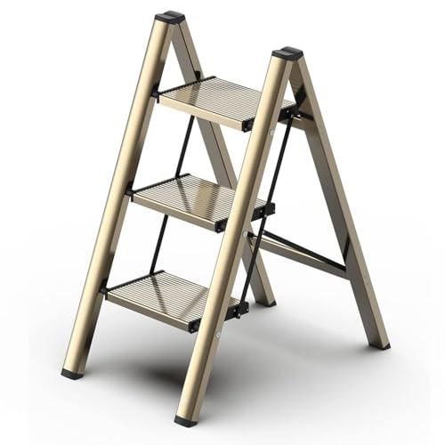 3 Step Ladder, Foldable Aluminum Step Stool with Anti-Slip Pedal - color: Champagne Gold, size: 3 Step
