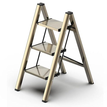 3 Step Ladder, Foldable Aluminum Step Stool with Anti-Slip Pedal - color: Champagne Gold, size: 3 Step