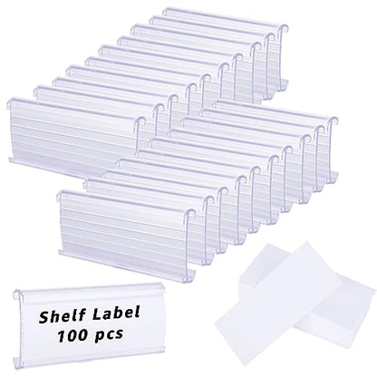 100 Pcs Wire Shelf Label Holders, Wire Rack Label Holder, Plastic Labels for Wire Shelving, Shelf Label Clips with Label Paper Inserts,Compatible with 1-1/4 Inch Shelves