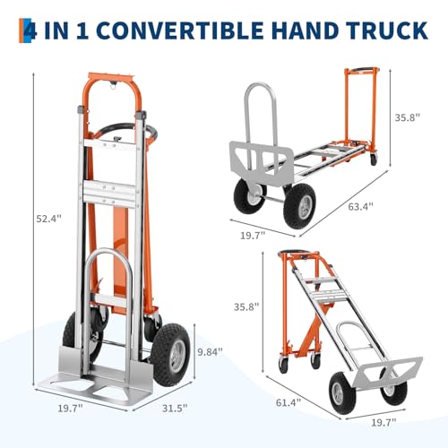 Garvee 4 in 1 Convertible Hand Truck, Folding Aluminum Hand Trucks 1000lb, Heavy Duty Dolly with Wheels, Elastic Straps, Portable Hands Truck for Home, Warehouse, Supermarket, Office
