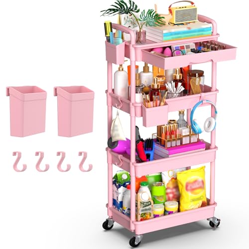 Goovilla 4 Tier Rolling Utility Cart Organizer with Removable Drawer, Pink - size: 4 Tier, style: Pink
