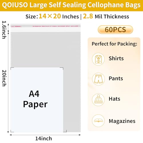 QOIUSO Clear Self‑Sealing Cellophane Bags 14x20 Inches, 60Pack Clear Plastic Poly Shipping Bags for Clothing Shirt Small Business Packaging Storage & Mailing - color: 14x20 Inch - 60Pcs
