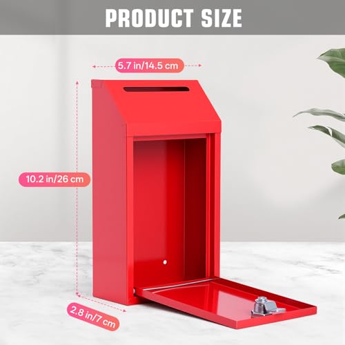 Sumerfnt Money Cash Drop Box Wall Mount, Metal Money Box with Lock and Slot, Money Collection for Farm Stand Supplies, Self-Serve, Tips, Fundraising, 10.24" x 5.7" x 2.95", 4 Keys, Red - color: Red