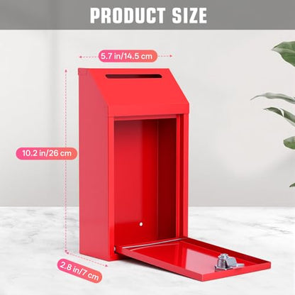 Sumerfnt Money Cash Drop Box Wall Mount, Metal Money Box with Lock and Slot, Money Collection for Farm Stand Supplies, Self-Serve, Tips, Fundraising, 10.24" x 5.7" x 2.95", 4 Keys, Red - color: Red