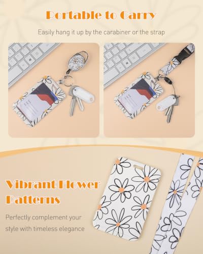 Uniclife Floral Sliding Badge Holder White Flower Plastic Case with Retractable Badge Reel Carabiner Clip & Detachable Lanyard Strap Fashionable Vertical Card Protector for Women Nurse Teacher Student - color: Beige Base Daisy