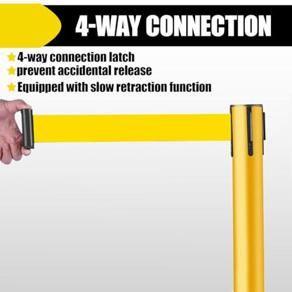 10 ft Crowd Control Stanchion Set, Yellow Crowd Control Barrier with Retractable Belts & Rubber Base, Queue Management Stanchion (4 Pack) - size: Rubber Base-4 Pack