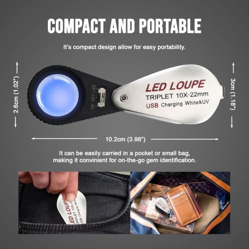 10X Jewelers Loupe Magnifier with UV & LED Lights, 22mm Triplet Lens, Rechargeable Foldable Jewelry Magnifier for Gems, Coins, Diamonds Inspection, Portable Loupe Tool