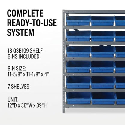 Quantum Storage Systems 1239-109BL Steel Shelving Unit with 4" Shelf Bins, 12" D x 36" W x 39" H, Blue - size: 39" H x 36" W x 12" D, style: 12" L x 12" W x 4" H 18 Economy Blue Bins