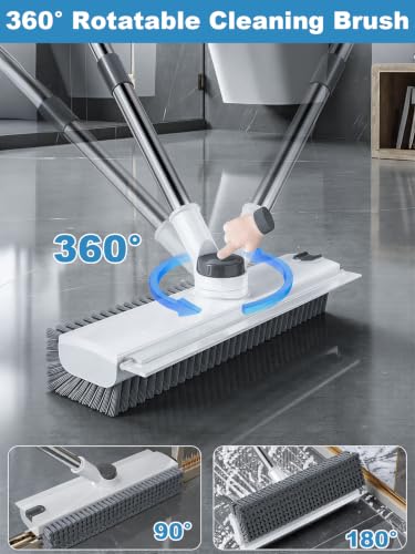 Floor Scrub Brush with Long Handle, 4 in 1 Shower Scrubber with Floor Squeegee and Heavy-Duty Stiff Bristle Push Broom for Cleaning Shower Bathroom Patio Pool Kitchen Wall Deck Tile Garage - color: White