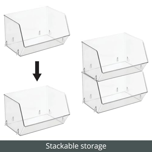 mDesign Plastic Open Front Food Storage Bin for Kitchen Cabinet, Pantry, Shelf, Fridge/Freezer - Organizer for Fruit, Potatoes, Onions, Drinks, Snacks, Pasta - 5" Tall - 4 Pack - Clear