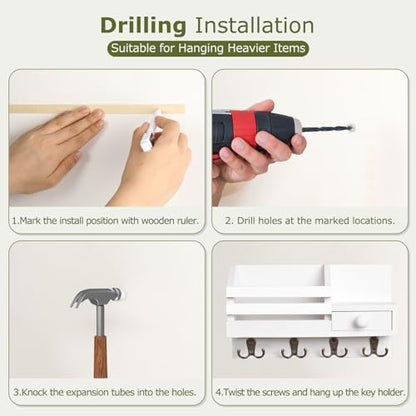 Key Holder Wall Mount, Wooden Key and Mail Organizer, White - color: White