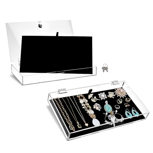 MOOCA 2 Pcs Set Premium Acrylic Locking Jewelry Display Case with Removable Black Luxurious MDF Velvet Pad, Pocket Knife Acrylic Collection Display Case - color: 3) 2 Regular W/Velvet Pads