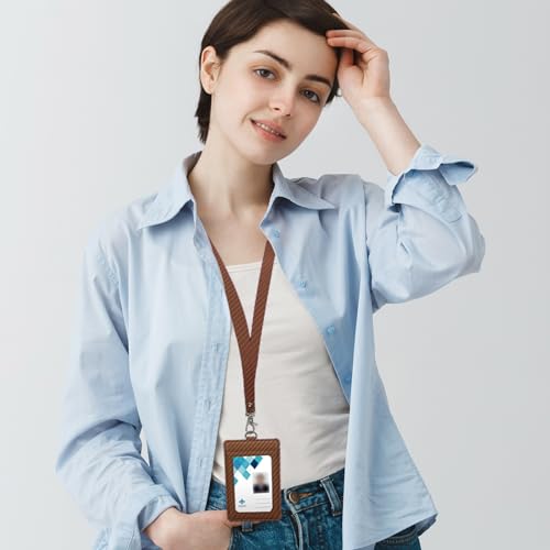 Carbon Fiber Work ID Card Holder with Lanyard,Brown - color: Color a
