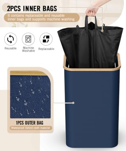 Magicheap 26 Gallon (100L) Recycling Bins for Kitchen with Bamboo lid, Blue - color: Blue