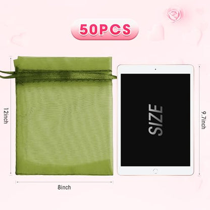 ANZNKU 50 Pcs Large Organza Bags 8x12, Green Small Mesh Gift Bag Drawstring - color: Green