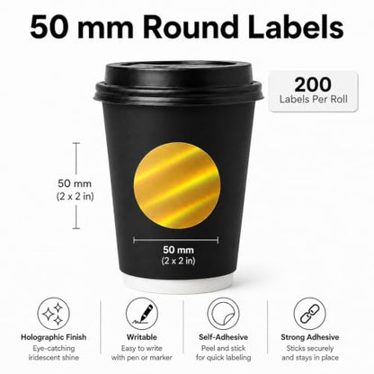 Round Holographic Gold Thermal Labels 2 Inch Vinyl Stickers 200 PCS - color: Holographic Gold, size: 2 × 2 Inch