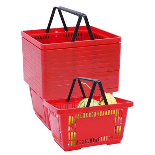 12PCS Red Plastic Shopping Baskets with Handles, Portable Retail Grocery Baskets, 21L Hand Shopping Baskets Set for Stores, Supermarket, Retail, Groceries Shopping Carrying - color: Red