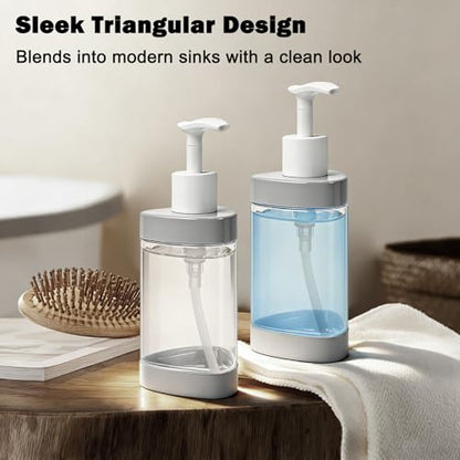 Plastic Hand Soap Dispenser 2 Pack, 13.5 oz Clear Refillable Dish Soap Pump Dispenser, Stylish Triangle Design for Bathroom Kitchen Countertop (Gray)