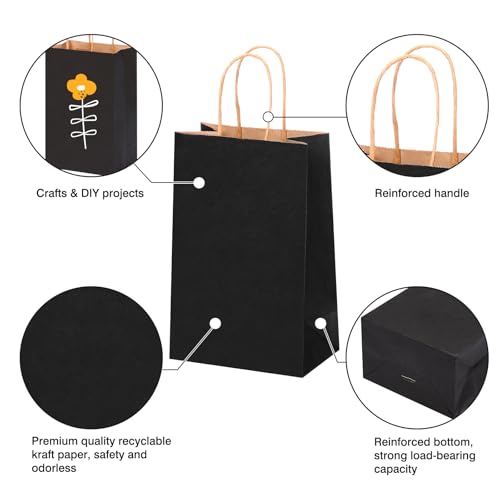 OUTUXED 150pcs Black Paper Bags with Handles, 5.25x3.2x8in Small Gift Bags - color: Black 5.25x3.2x8in, size: 1 Count (Pack of 150)