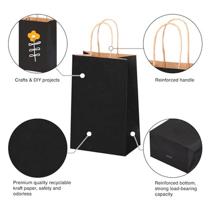 OUTUXED 150pcs Black Paper Bags with Handles, 5.25x3.2x8in Small Gift Bags - color: Black 5.25x3.2x8in, size: 1 Count (Pack of 150)