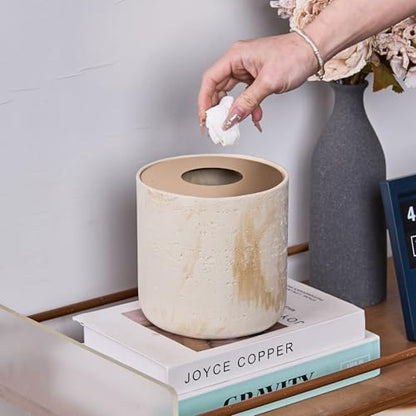 Natural Travertine Textures Mini Trash Can with Rose Gold Stainless Steel Lid, Mini Countertop Trash Can for Bathroom Kitchen, Desk or Table top Mini Garbage Can, Resin Tiny Waste Basket for Vanity - color: Beige Travertine