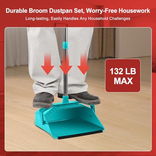 Broom and Dustpan Set for Home, 51" Long Handle Standing Dustpan Blue - color: Blue