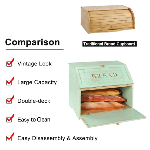 HOMEKOKO Retro Double Layer Large Bread Box for Kitchen Counter, Mint Green - color: Mint Green