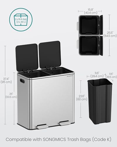 SONGMICS Trash Can, 2 x 10.6 Gallon (2 x 40 L), Silver and Black - color: Silver + Black, size: 2 x 10.6 Gallon