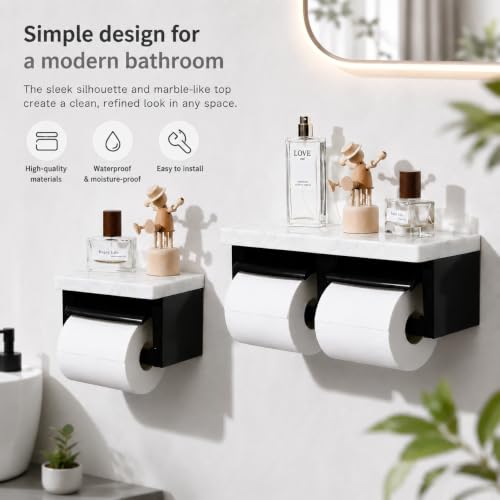 Black Marble Toilet Paper Holder, Modern Silver Marble Toilet Paper Holder, Wall Mounted Waterproof Toilet Paper Dispenser with Cover & Shelf - color: Marble Black&silver, size: Single