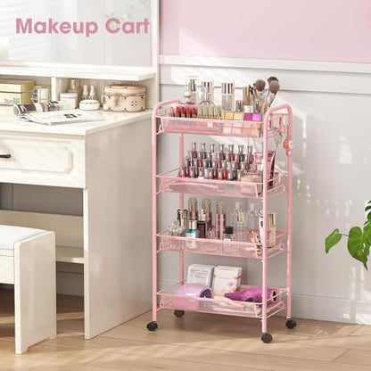 TOOLF 4 Tier Rolling Cart, Metal Utility Storage Cart with Wheels, Pink - color: Pink, size: 4-Tier