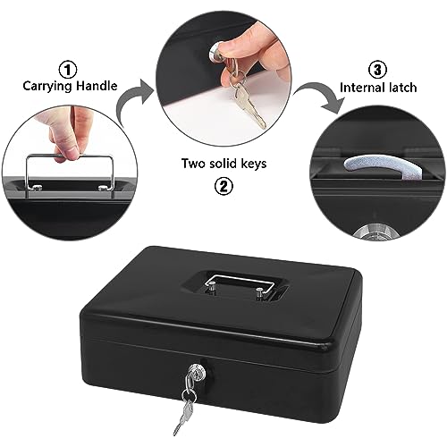 Steel Cash Box with Key Lock, Metal Small Money Organizer with Money Tray,Cash Storage Box with Lockable Cover (White- 11.8" x 9.4" x 3.5") - color: White- 11.8" x 9.4" x 3.5"