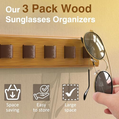 Durmmur Wooden Sunglass Organizer, Wall Mount/3M Adhesive Sunglasses Holder - color: Wood Color